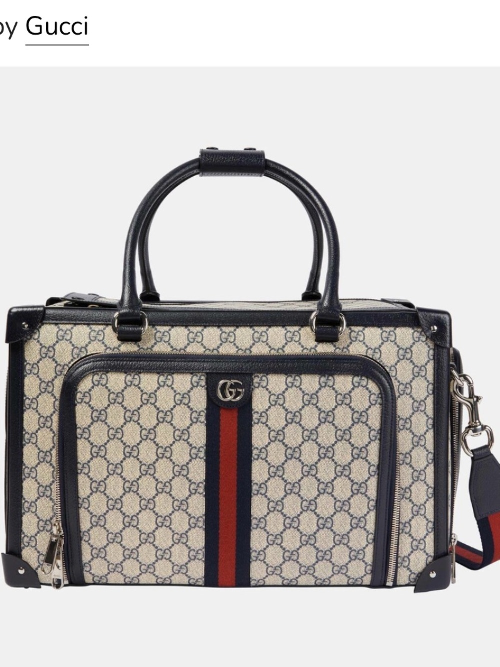Gucci Beige GG Supreme Canvas Pet Carrier with Navy Leather and Red-Blue Web